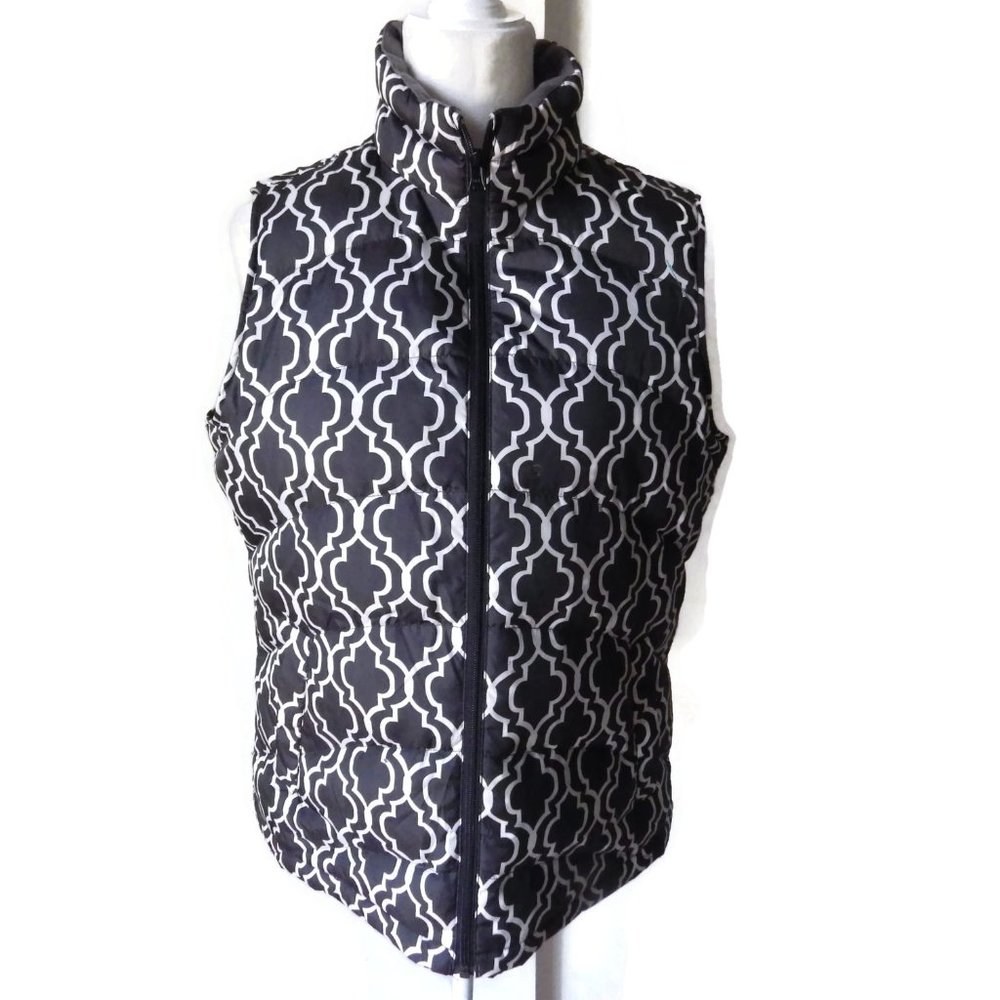 Puffer Down Vest/ Land's End/ Black & White Arabesque/ Size Med 10-12